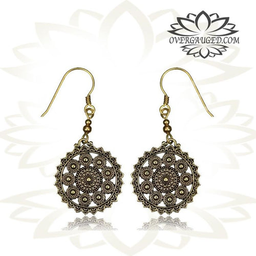 Pair of Ornate Antiqued Brass Mandala Fishhook Earrings, Tribal Brass Earrings.