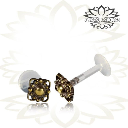 Single 16g Brass Labret, 16g Tragus Earring, Indian Style Brass Labret, Antiqued Tribal Earl Stud, Lip Piercing