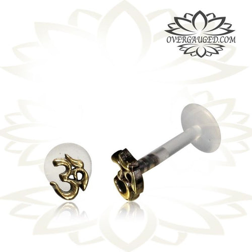 Single 16g Brass Hindu Om Symbol Labret, 16g Brass Tragus Earring, Brass Tribal Jewelry, Madonna Lip, Helix Piercing.