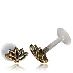 Single Tragus Earring in 16g, Brass Labret Piercing, Antiqued Brass Lotus Flower, Tribal Madonna Lip Piercing, Tribal Body Jewelry.