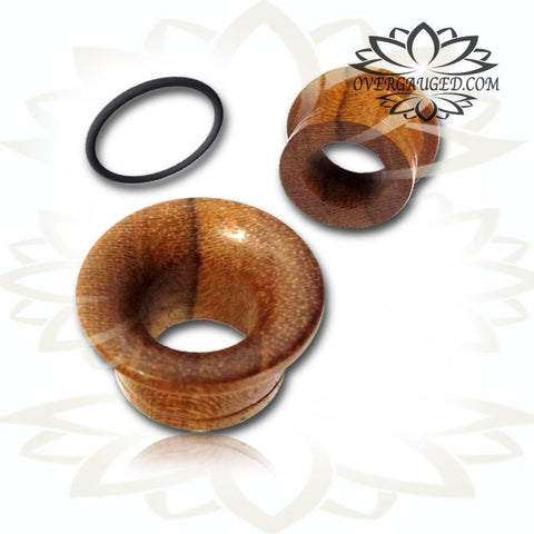Pair of Antiqued Tribal Brass Plugs, Inlayed Concave Iron Wood Tunnels, Double Flared Organic Wood Plugs, Tribal Body Jewelry.