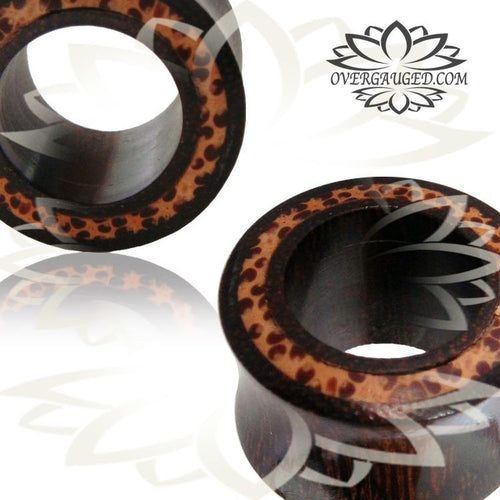 Pair of Organic Wood Plugs, Sono Wood Plugs with Coconut Wood inlay, Double Flared Tunnels, Organic Wood Tunnels, Tribal Wooden Jewelry.